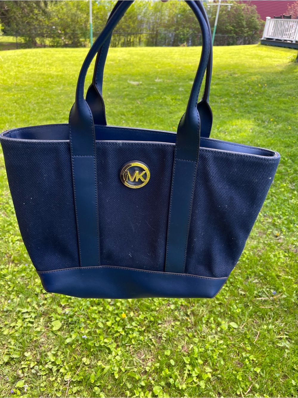 Michael Kors Navy Canvas Tote with Gold MK Accent